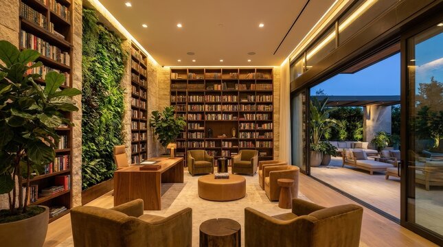 A Modern Luxury Home Library Featuring Floor To Ceiling Bookshelves And A Lush Vertical Garden Wall.