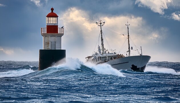 ship lighthouse storm waves sea