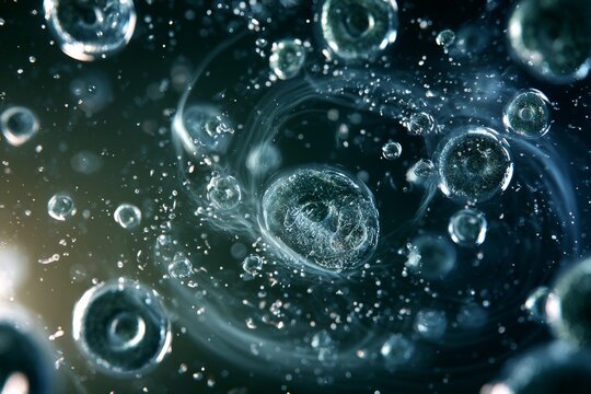 Bubbles and droplets float in dark water creating patterns and shapes in a close-up view during a quiet moment
