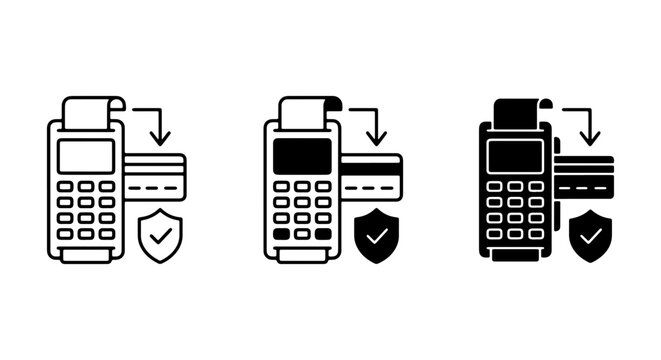 Secure Payment Terminal Icons, Credit Card Transaction Icons, POS Machine Icons, Financial Security Vector Set