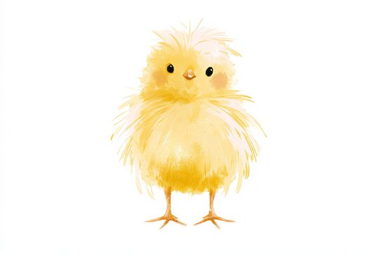 Cute yellow chick standing on plain white background with fluffy feathers