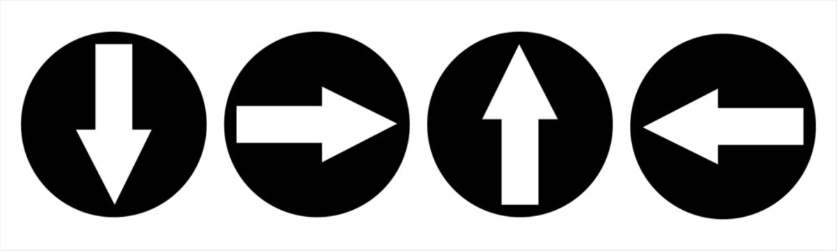 Four directional arrow icons set in black circles pointing up, down, left, right. Bold white vector symbols for navigation, UI, app, and web design.