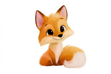 Fototapeta premium Cute fox character with big eyes and fluffy tail smiling happily while sitting on a white background