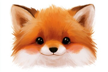 Fototapeta premium Cute fox face with big eyes and fluffy fur in bright colors on a white background during a simple drawing session