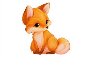 Fototapeta premium Cute orange fox character sits and looks towards the viewer with big eyes and a fluffy tail
