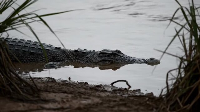 Crocodile rests along riverbank observing surroundings. Natural setting within wetlands offers glimpse into wildlife behavior. Concept of outdoor education, wildlife photography, eco-tourism