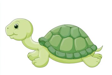 Obraz premium Cute green turtle walking on a white background in a simple cartoon style during daytime