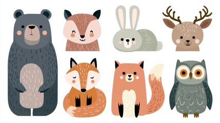 Fototapeta premium Cute animal illustrations featuring a bear, fox, rabbit, deer, and owl in a simple design on a white background for kids' decor