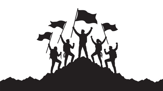 People celebrating victory with flags on a mountain black silhouette