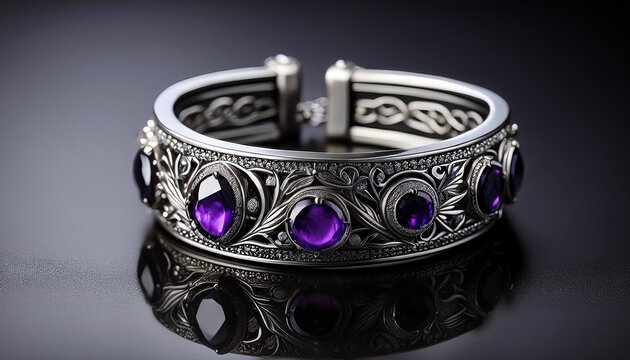 exquisite decorative antique bracelet with intricate silver detailing and stunning purple stone accents