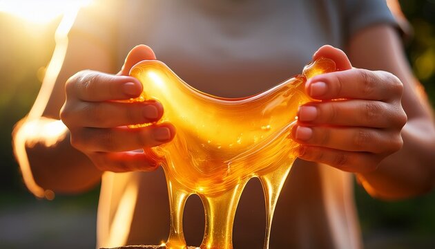 hands squeezing translucent amber jelly texture close up of honey colored slime for stress relief and sensory play tactile viscous substance in sunlight