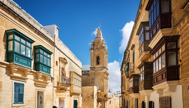 rabat gozo malta n historic street with limestone facades bay windows and church tower in background perfect for mediterranean city impressions