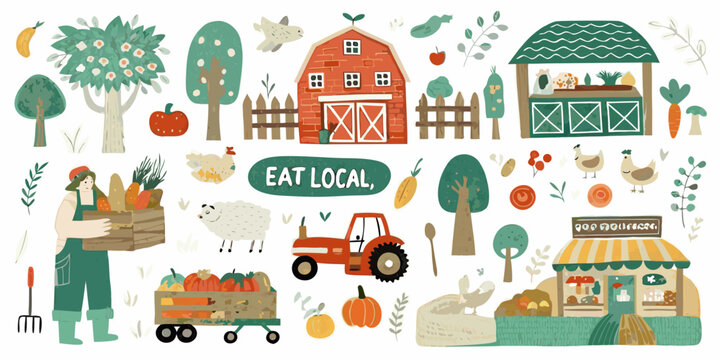 Farm Scene Illustration With Vegetables Animals And Buildings