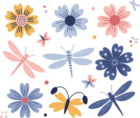 Obraz premium Floral and insect illustration set dragonfly butterfly and wildflower graphics