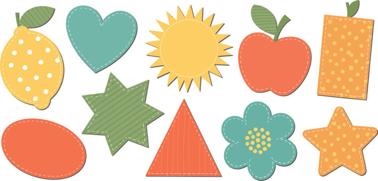 Colorful patchwork shapes and fruits collection for children's design