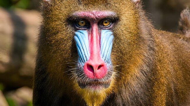 Mandrill head portrait showing intense eyes and colorful snout in a forest habitat