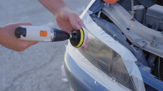 The process of polishing car headlights outdoors. 