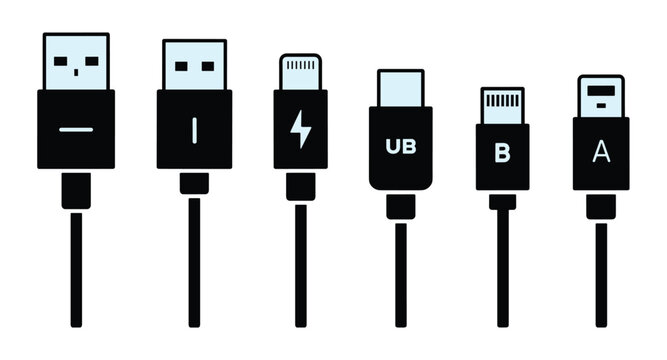Assortment of Electronic Connectors: A graphic collection of various USB and lightning connector types. power cable, data transmission, tech gadget, mobile accessory, digital interface.