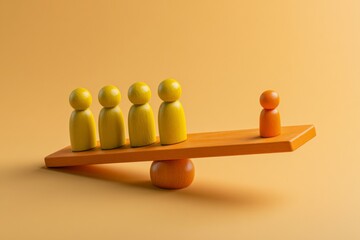 Obraz premium Wooden figures on a balance beam with one figure on one side and four figures on the other side positioned in a simple setting