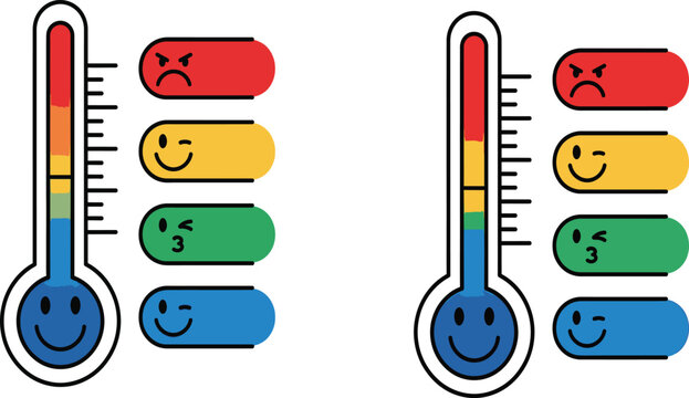 Emoticon thermometer showing mood levels with colorful rating bars for customer satisfaction or stress management thermometer emoticon satisfaction feedback emotions measurement colorful