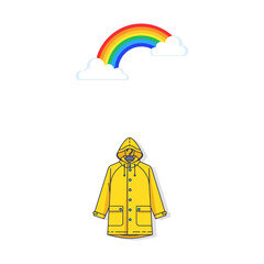 Fototapeta premium Bright yellow raincoat and a vibrant rainbow with clouds on a white background