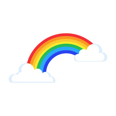 Fototapeta premium A bright and colorful rainbow arching across a clear sky with fluffy white clouds on either side