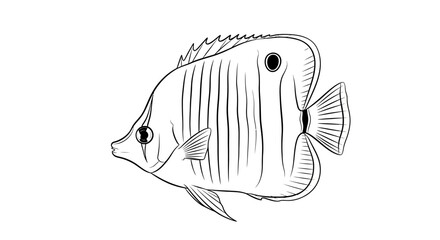 A black and white line art sketch depicts a butterflyfish with a thin body on a white background. © Mz