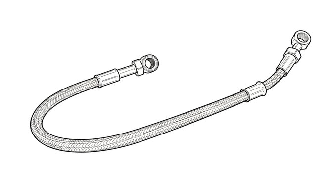 A black and white line art sketch depicts a flexible brake line hose on a white background.