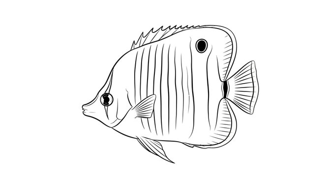 A black and white line art sketch depicts a butterflyfish with a thin body on a white background.