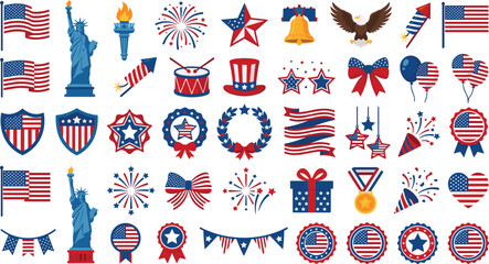 Flat design 4th of July Independence Day patriotic vector icon set, USA American flag and celebration elements illustration © MDHABIBUL
