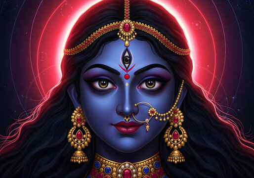 Vibrant close-up portrait of a stylized Hindu goddess figure with blue skin, a third eye, and elaborate gold jewelry radiating a spiritual aura.