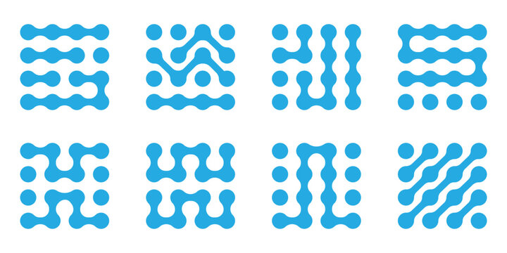 Abstract metaball figures. Metaball dot shapes, y2k connected round blobs icons flat vector illustration set. Liquid molecule shapes on white . Blue pattern of dots metaball . organic liquid metaballs