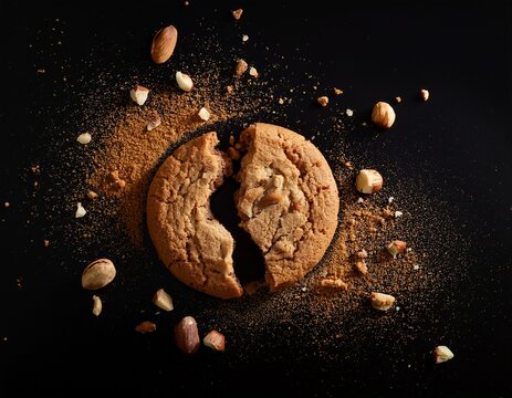 a broken cookie scattered with crumbs and nut pieces on a black background