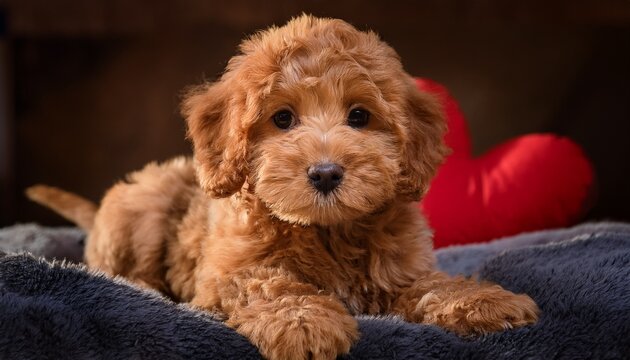 a fluffy curly haired mini goldendoodle puppy sits on a soft blanket its big brown eyes and sweet expression capturing hearts with irresistible cuteness