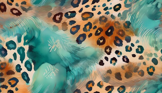 a seamless pattern depicting leopard spots with a watercolor effect imbued with a sense of age and texture blending earthy tones with turquoise