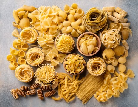 variety of pasta shapes arranged on a flat surface before cooking or serving