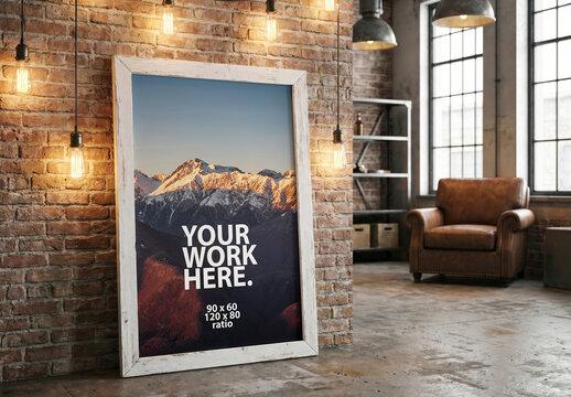 Vertical wooden Poster Frame Mockup in loft interior with light bulbs