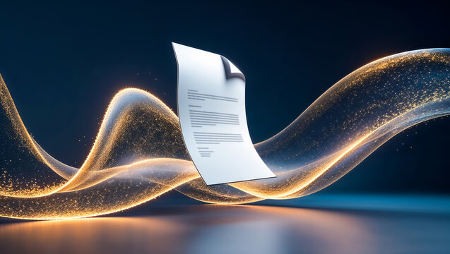 Futuristic digital document icon with glowing golden data stream, advanced information management, document processing, digital workflow automation and modern business technology concept