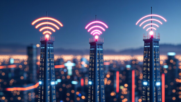 Futuristic 5g wireless communication towers emitting glowing signal waves above smart city skyline, advanced telecom infrastructure, network connectivity, digital communication and urban technology bg