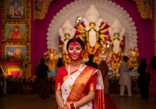 Young Indian woman smiling with vibrant red powder on her face during a Hindu festival celebration, standing in front of blurred deity idols in a community hall.