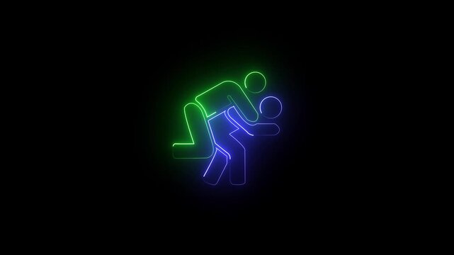 Glowing neon martial arts judo and wrestling fighters icon on black background