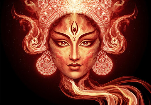 Intricate digital artwork of a divine Hindu goddess face with a third eye, emanating vibrant red and orange fire and smoke against a dark background.