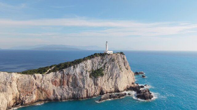 Aerial View of Cape Lefkatas Lighthouse on White Sea Cliffs in Lefkada Greece