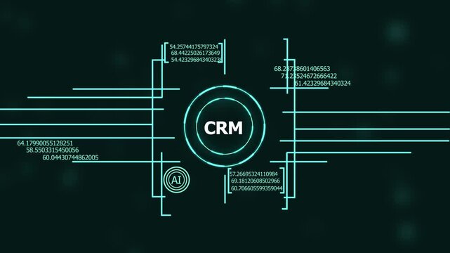A high-tech futuristic green HUD user interface displaying the text CRM surrounded by digital data, grids, and geometric elements, symbolizing 4k Animation video on Black Background