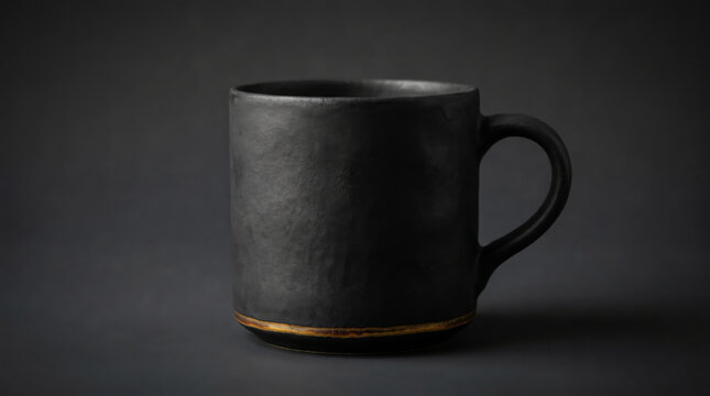 Black ceramic mug with gold rim on dark minimal background