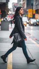 Obraz premium Woman strides across a city crosswalk; cars, buildings, and overcast sky in background