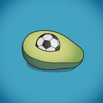 Pop Art Halftone Illustration of Avocado with Soccer Ball Pit