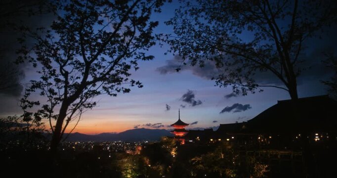 Beautiful silhouette of trees and ancient 8th century Japanese temple on hill at dusk - wide shot