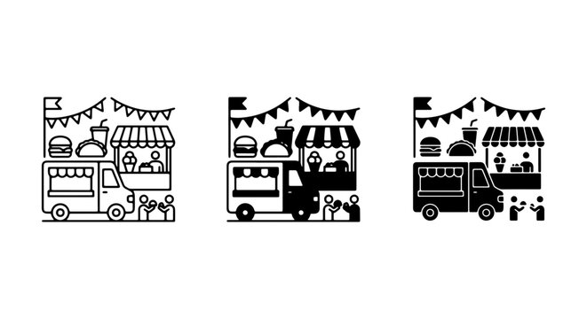 Food Truck Festival Icons, Street Food Market Graphics, Mobile Kitchen Event Vector Set