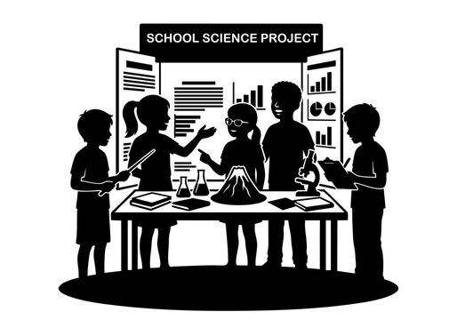 School Children Presenting STEM Science Experiment Silhouette Vector Illustration